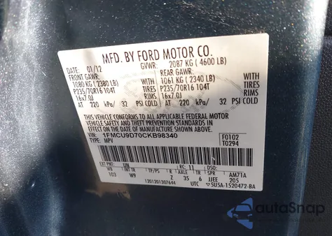 2012 Ford Escape Xlt from USA, damaged, VIN 1FMCU9D70CKB98340